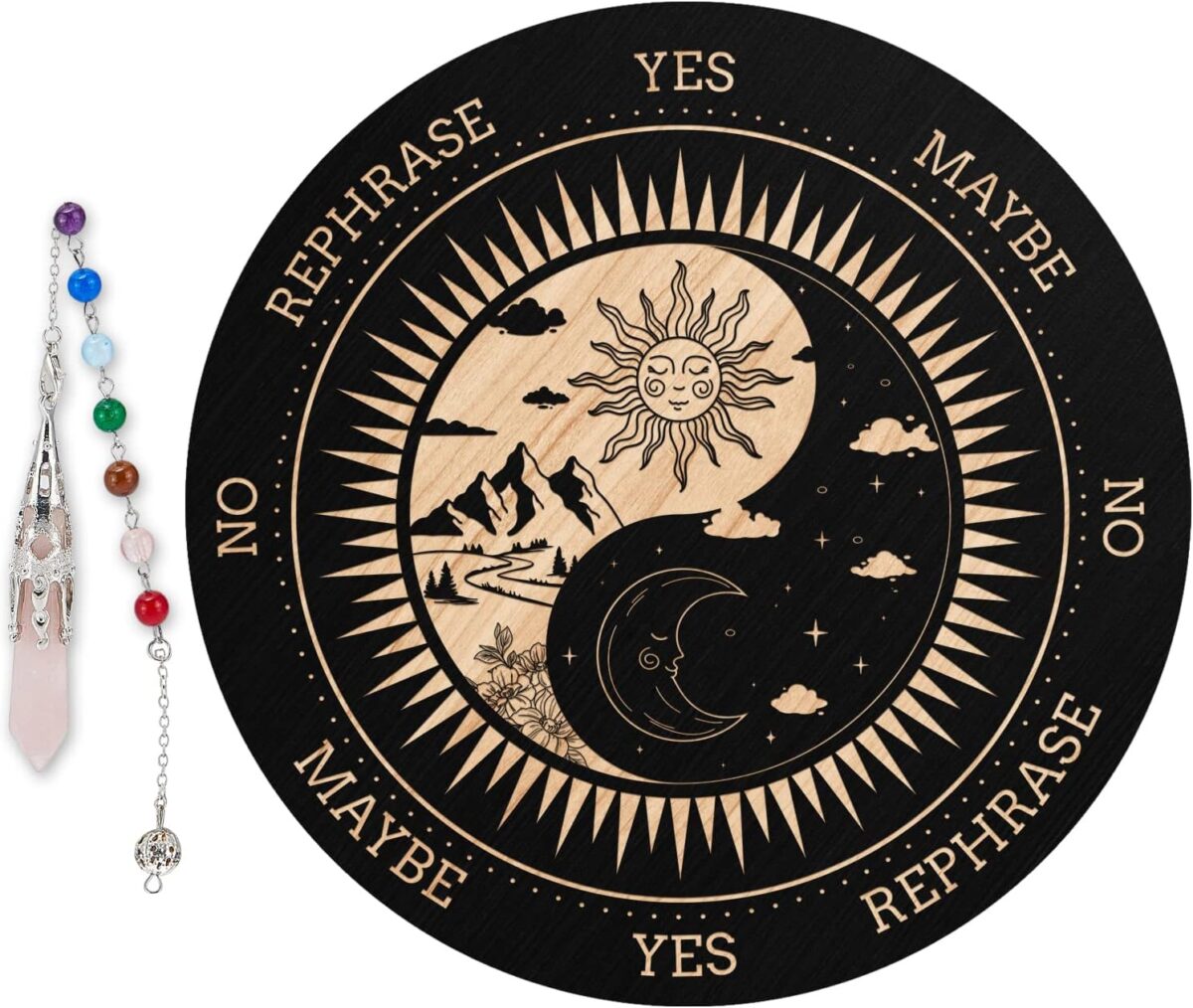 ORIGACH 7.9" Sun and Moon Pendulum Board Wooden Witchcraft Divination Board with Crystal Dowsing Pendulum for Spirit Altar Decoration - Image 1
