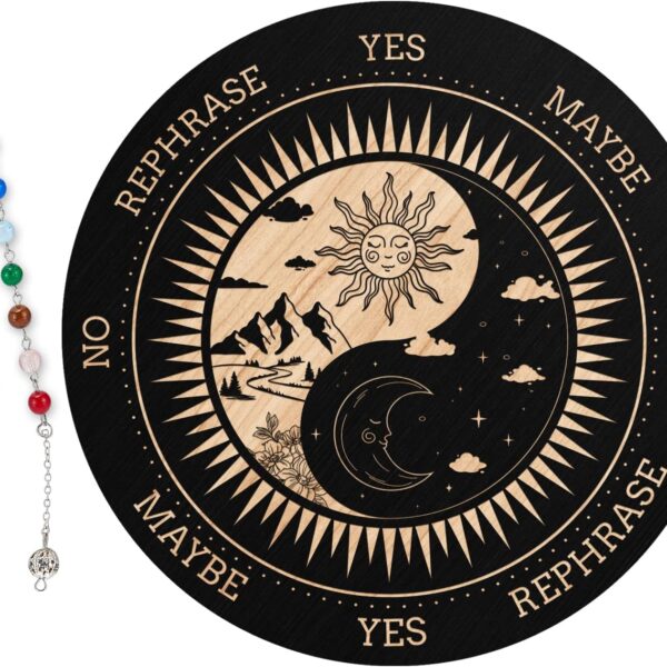 ORIGACH 7.9" Sun and Moon Pendulum Board Wooden Witchcraft Divination Board with Crystal Dowsing Pendulum for Spirit Altar Decoration