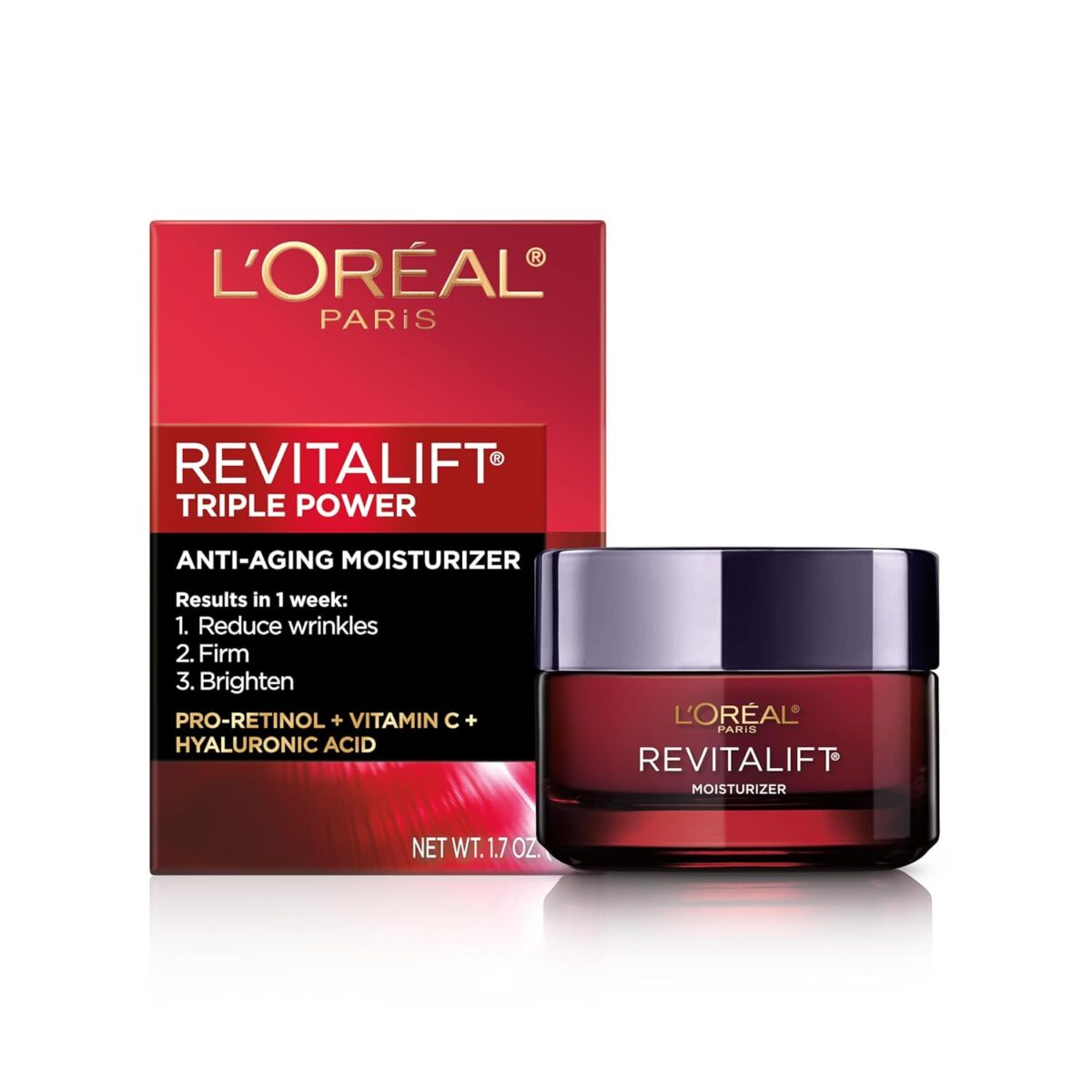L'Oreal Paris Revitalift Triple Power Anti-Aging Face Moisturizer, Pro Retinol, Hyaluronic Acid & Vitamin C to Reduce Wrinkles, Firm & Brighten Skin, 1.7 Oz - Image 1