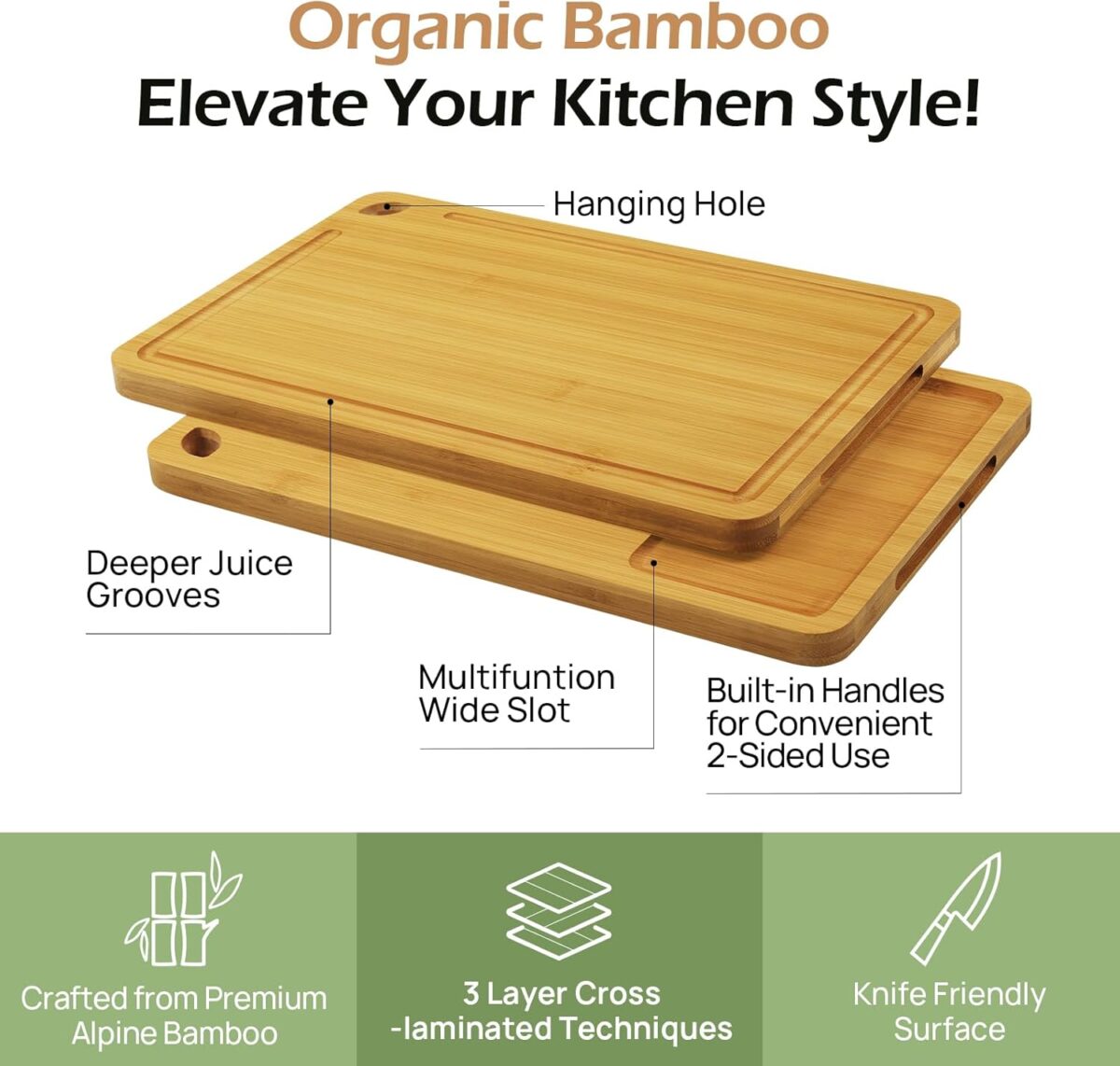 Wood Cutting Board for Kitchen - Reversible Bamboo Cutting Boards Gift Set of 3 with Juice Groove, Wooden Chopping Board for Meat, Fruit, Vegetables & Cheese (Pre Oiled, Natural) - Image 3