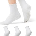 COOLMATE 3 Pairs Ruffle Pilates Socks with Grips for Women, Cute Non - Slip Crew Socks for Yoga, Barre, Lagree, Pregnant (US, Numeric, 6, 10, Regular, Regular, 3, Off-White)