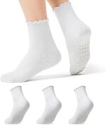 COOLMATE 3 Pairs Ruffle Pilates Socks with Grips for Women, Cute Non - Slip Crew Socks for Yoga, Barre, Lagree, Pregnant (US, Numeric, 6, 10, Regular, Regular, 3, Off-White)