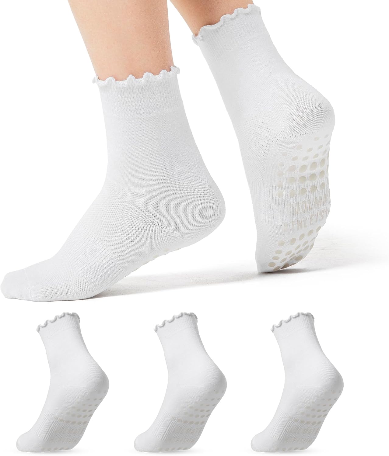 71FfR9NCFPL._AC_SL1500_.jpg COOLMATE 3 Pairs Ruffle Pilates Socks with Grips for Women, Cute Non - Slip Crew Socks for Yoga, Barre, Lagree, Pregnant (US, Numeric, 6, 10, Regular, Regular, 3, Off-White) - Image 1