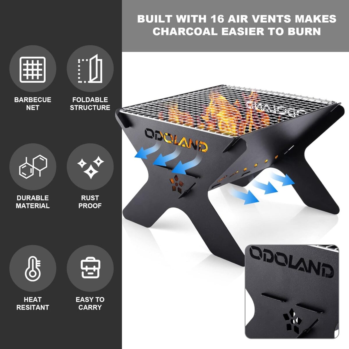 Odoland Camping Campfire Grill, Portable Folding Charcoal Grills, Backpacking BBQ Grill, Heavy Duty Firepit Grill with Carry Bag for Outdoor Cooking, Bonfire, Patio, Backyard - Image 5