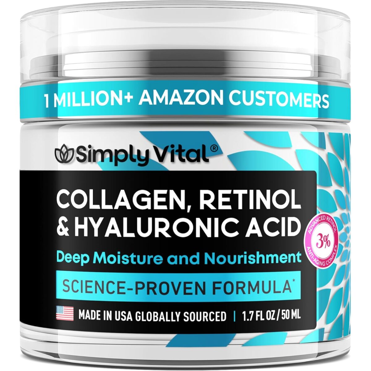 SimplyVital Collagen, Retinol & Hyaluronic Acid Cream - Anti-Aging Face Moisturizer for Face, Neck & Décolleté - Made in USA, Daily Moisturizer Face Cream - 1.7 fl.oz. - Image 1