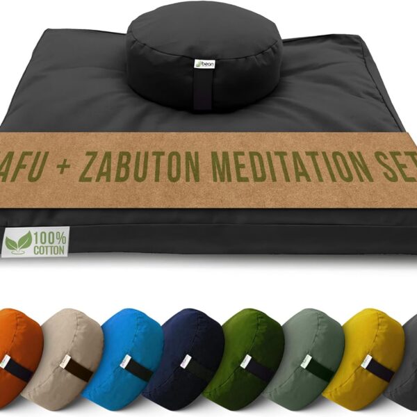 Bean Products Meditation Cushion Set - Zafu and Zabuton Meditation Pillows for Sitting on Floor, Yoga Cushion, Cotton Yoga Pillow, Zen Kneeling Prayer Pad- Made in USA - Round, Black