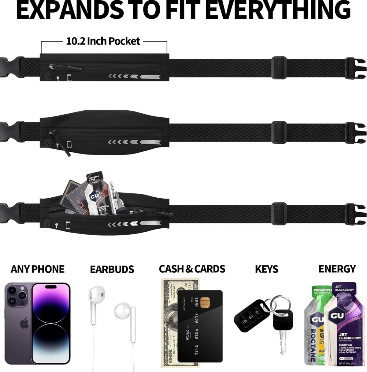USHAKE Slim Running Belt for Women Men-Runners Phone Holder Fanny Pack Expandable, Adjustable, Bounce Free Waist Pouch bag for Workout, Money Belt, Run Gear Accessories Black - Image 8
