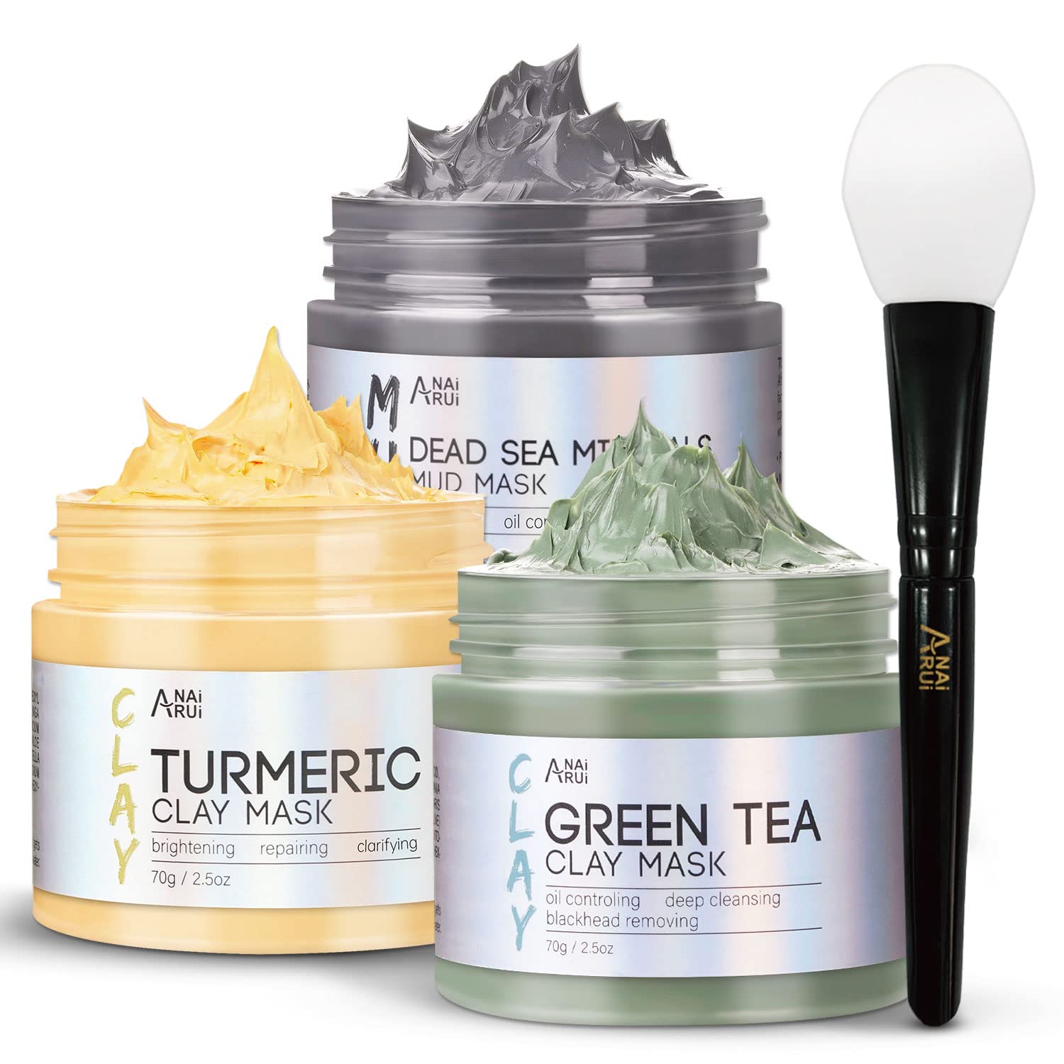 71H35pu4KZL._SL1500_.jpg ANAI RUI Turmeric Clay Mask - Green Tea Clay Mask - Dead Sea Minerals Mud Mask, Spa Facial Mask Set, Face Mask Gift Set 2.5 oz each - Image 1