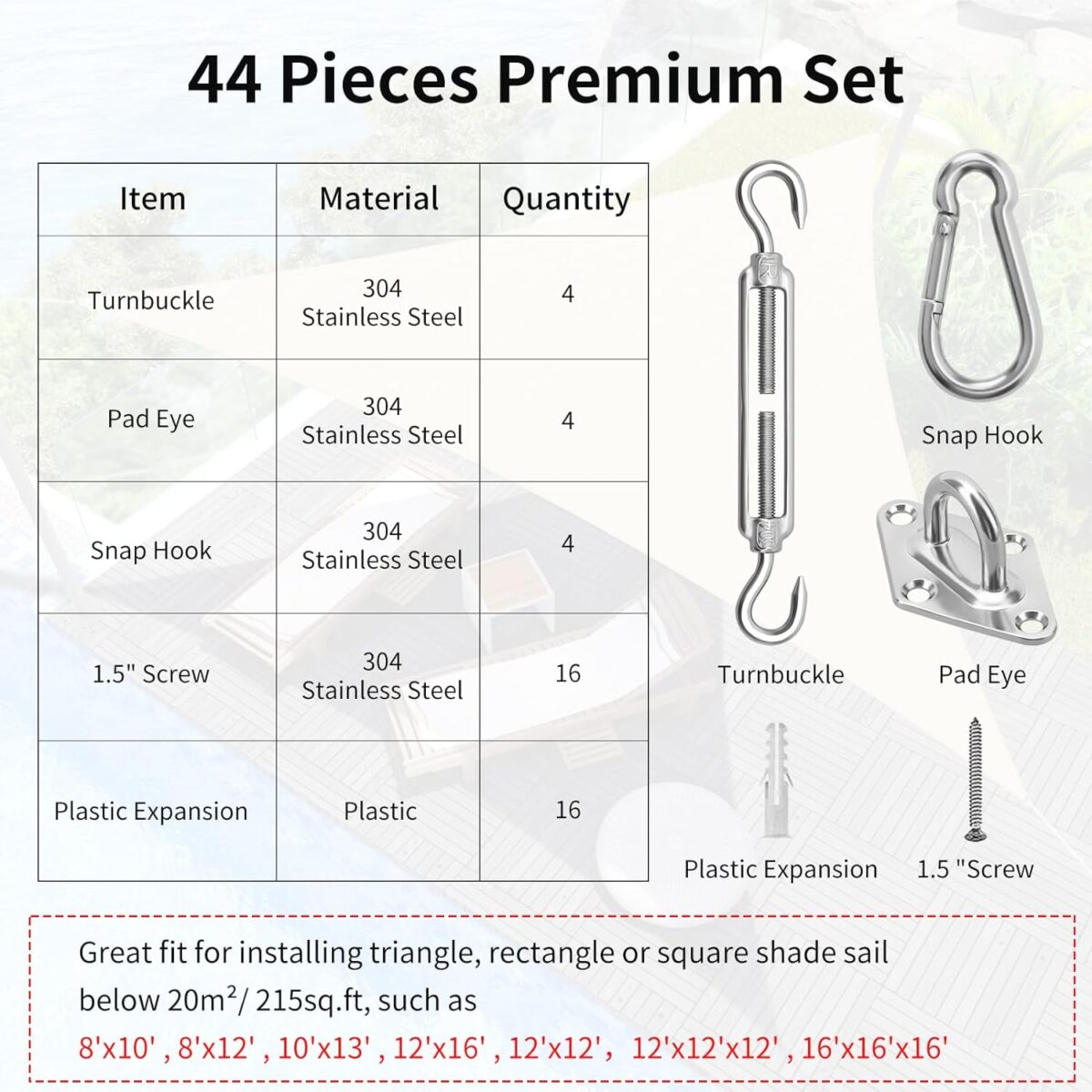 Sun Shade Sail Hardware Kit 6 Inch for Rectangle & Triangle Shade Sail Install, Stainless Steel Shade Sail Fixing Accessories for Outdoor Patio Canopy Garden, Heavy Duty Awning Attachment Set (44 Pcs) - Image 6