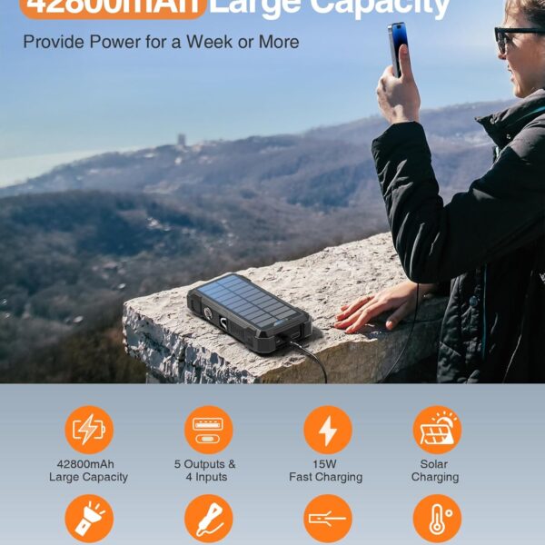 GOODaaa Power Bank Portable Charger 42800mAh Built in 4 Cables and Thermometer 15W Fast Charging Power Bank Five Outputs Three Inputs Solar Charger Power Bank, SOS/Strobe/Strong Flashlights, Carabiner