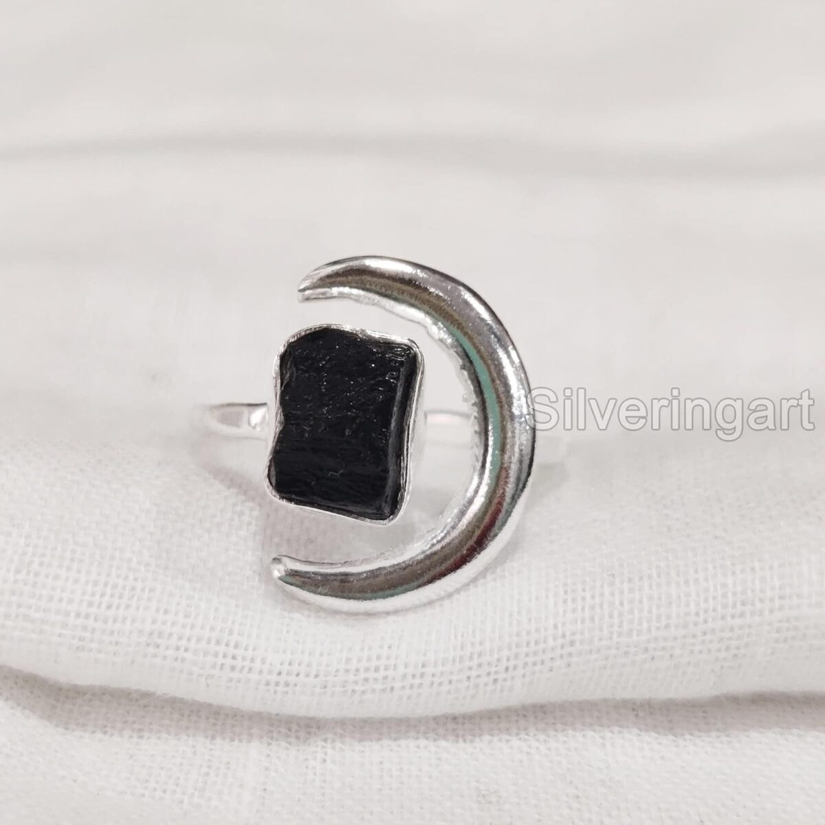 Natural Black Tourmaline Ring, Rough Tourmaline Crescent Moon Adjustable Ring, October, 925 Sterling Silver, Womens Ring, Christmas, Handmade, Statement Jewelry, Raw Gemstone Jewelry (10) - Image 1