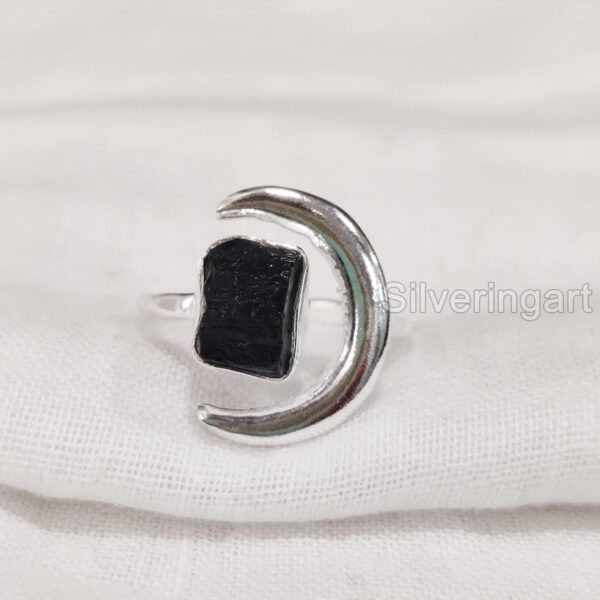 Natural Black Tourmaline Ring, Rough Tourmaline Crescent Moon Adjustable Ring, October, 925 Sterling Silver, Womens Ring, Christmas, Handmade, Statement Jewelry, Raw Gemstone Jewelry (10)