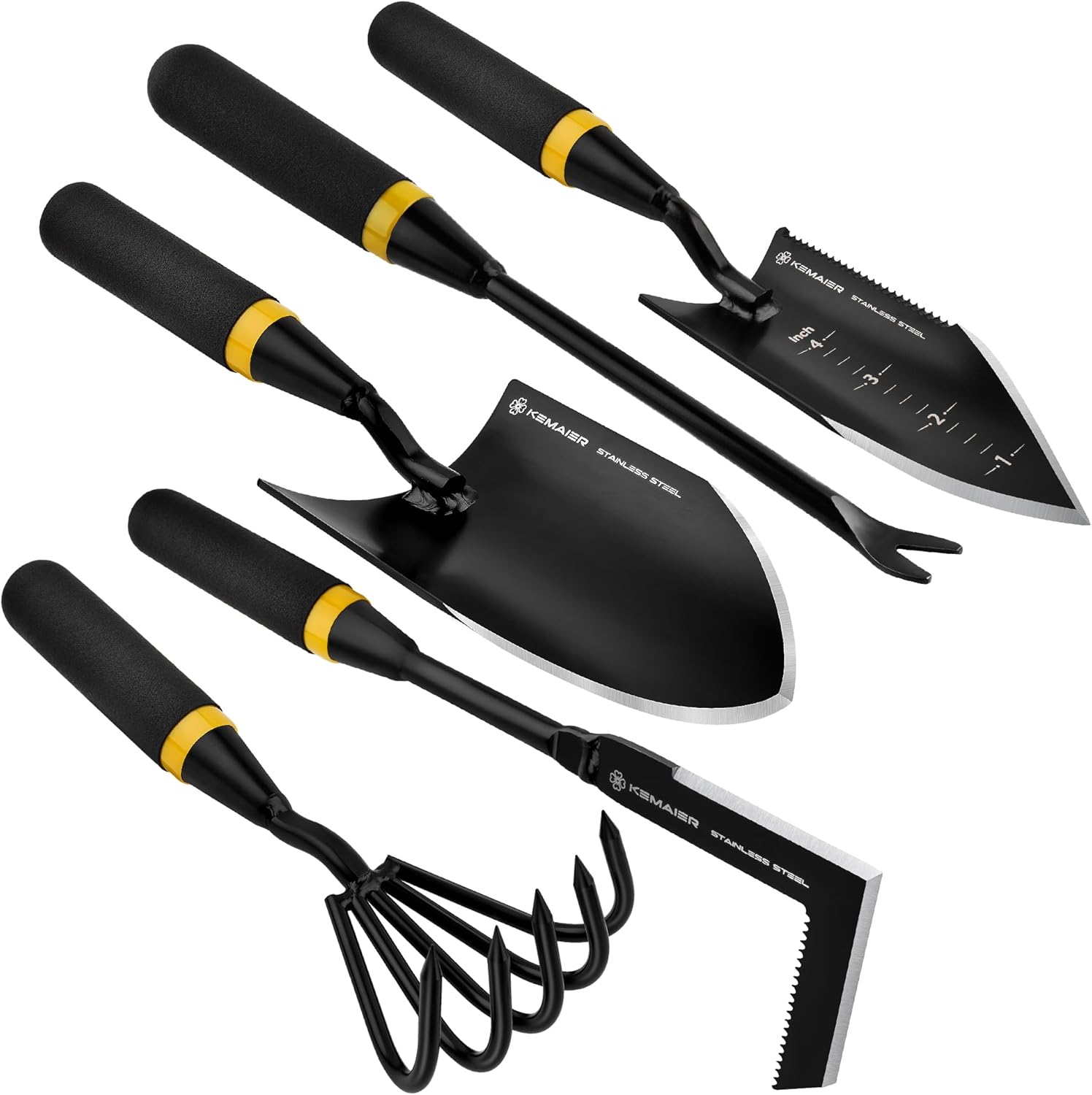 71HOZbCKtdL._AC_SL1500_.jpg Garden Tool Set - Featuring a Heavy-Duty Stainless Steel Hand Cultivator, Transplant Shovel, Trowel, Crack Weeder, and Dandelion Weeder - The Ultimate, Unbreakable Gardening Gift - Image 1