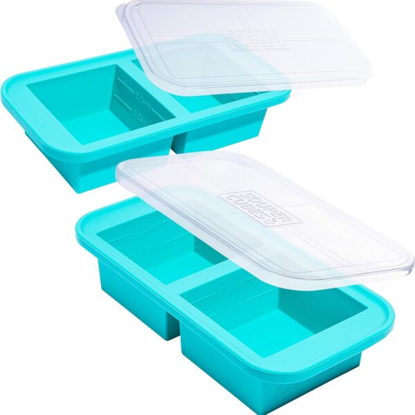 Souper Cubes 2 Cup Silicone Freezer Tray with Lids, Perfect for Storing Lasagna, Leftovers, Sauces, Portioned Meals and More, Silicone Soup Freezer Molds for Meal Prepping - Aqua - 2-Pack