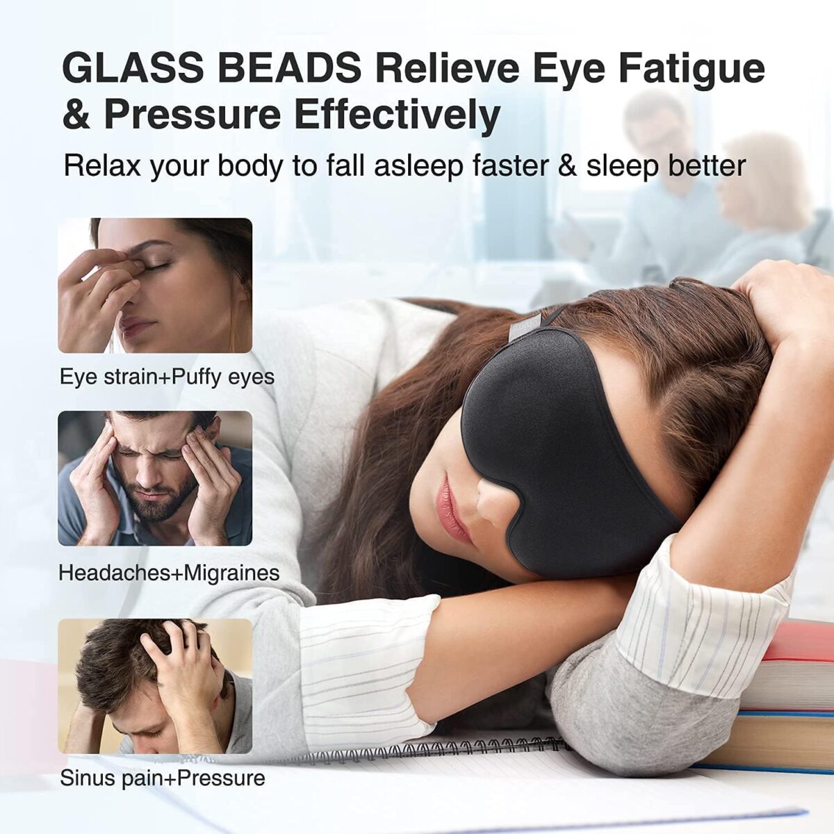 YFONG Weighted Sleep Mask, Women Men 3D Blocking Lights Sleeping Mask (4.2oz/120g), Pressure Relief Night Sleep Eye Mask with Adjustable Strap, Eye Cover Blindfold for Travel Nap Yoga, Black - Image 3