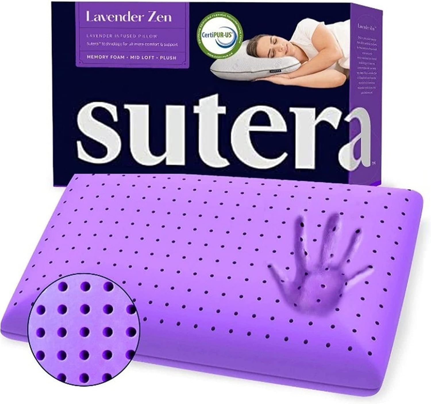 71IlBl7j3WL._AC_SL1500_.jpg Sutera - Cooling Lavender Zen Memory Foam Pillow for Sleeping - Essential Lavender Oil Infused, Cooling Pillow with Neck, Shoulder and Back Support - Relaxing for Side, Back, Stomach Sleepers - Image 1
