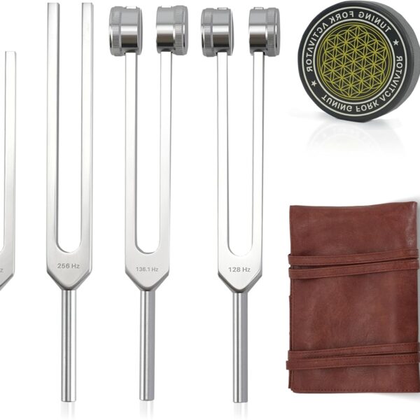 Tuning Forks for Healing Set – Includes 128Hz, 136Hz, 256Hz, 384Hz & Activator, Portable in Red Leather Pouch – Medical Grade Sound Healing Instruments for Chakra, Yoga, and Meditation