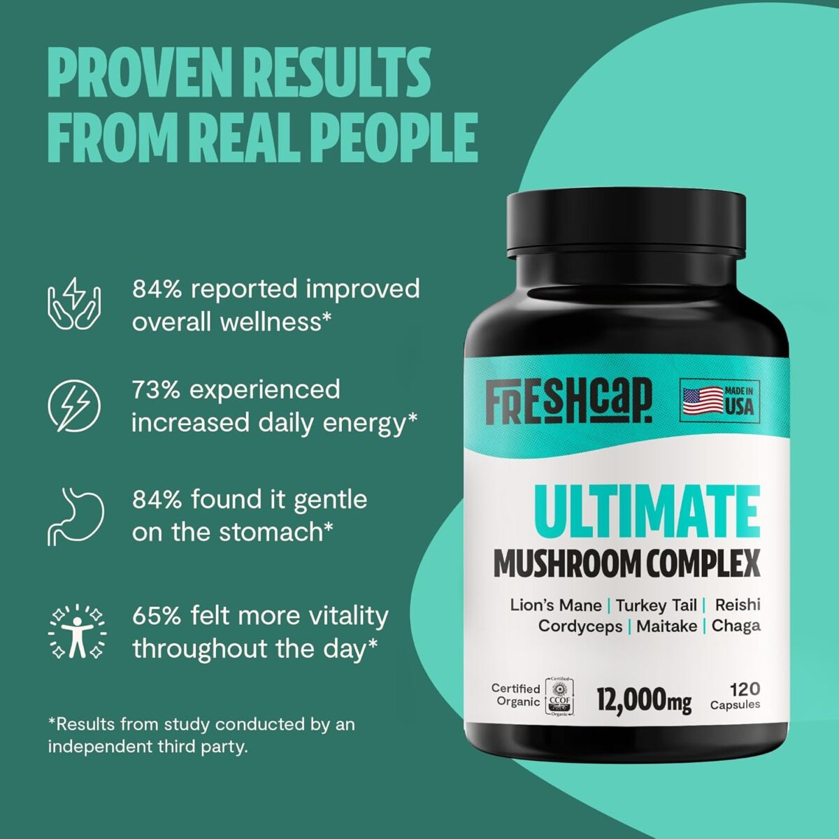 FreshCap Ultimate Mushroom Supplement 12,000mg - Mushroom Complex Capsules, Organic Mushrooms Supplement, Nootropic Brain Supplements for Memory and Focus Ayurveda (120 Capsules) - Image 5