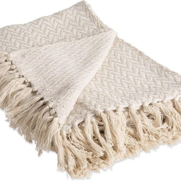 DII Modern Zig Zag Throw Blanket Woven Cotton, Hand-Knotted 2.5" Fringe, 50x60, Natural
