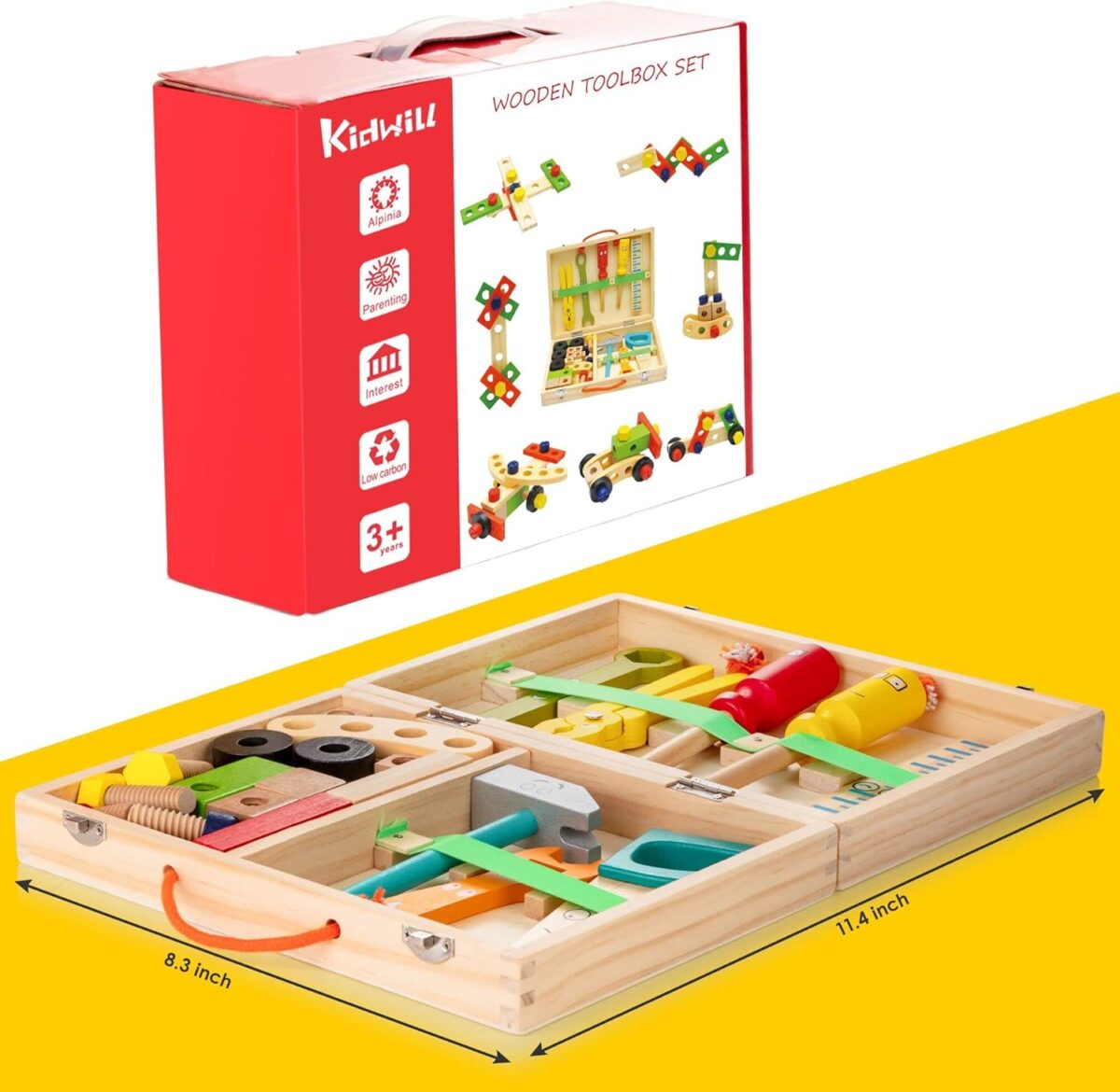 KIDWILL Kids Tool Set with Tool Box & DIY Stickers, Pretend Play STEM Construction Kits for Toddlers 3-5, Montessori Toys for 3 4 5 Year Old, Wooden Play Tools Set, Toddler Boy Toys - Image 9
