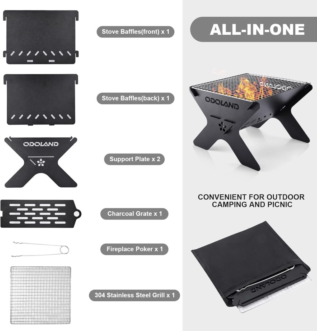Odoland Camping Campfire Grill, Portable Folding Charcoal Grills, Backpacking BBQ Grill, Heavy Duty Firepit Grill with Carry Bag for Outdoor Cooking, Bonfire, Patio, Backyard - Image 2