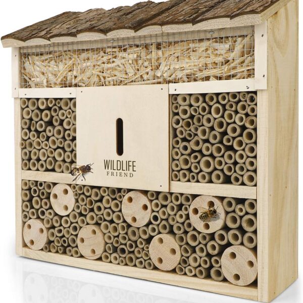 I Bee Hotel Insect Hotel - 29.5 x 28 x 10 cm - untreated, Solid Wood bee House for Bees, Ladybugs & lacewings - Hanging Insect House & Nesting aid