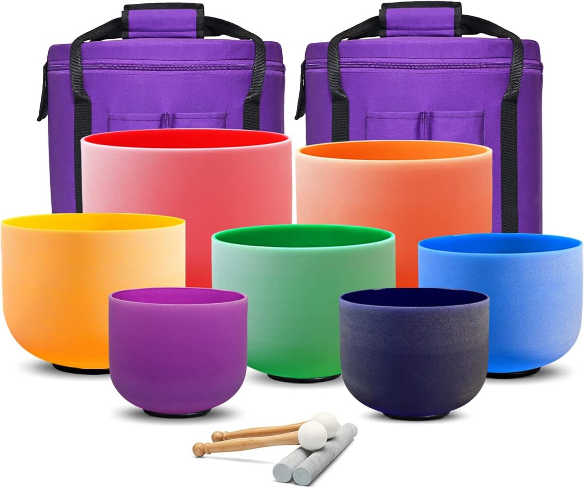 Set Of 7 PCS 440HZ 6-12 Inch Colored Frosted Chakra Quartz Crystal Singing Bowls Sound Healing Instrument with 2 PCS Travel Carry Case Bag for Meditation - Image 1