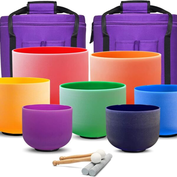 Set Of 7 PCS 440HZ 6-12 Inch Colored Frosted Chakra Quartz Crystal Singing Bowls Sound Healing Instrument with 2 PCS Travel Carry Case Bag for Meditation
