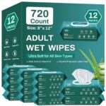 [720 Count, 12 Packs of 60] Wet Wipes for Adults, 12" x 8" Large Disposable Washcloths for Incontinence & Cleansing, Body Wipes Bath Wipes - Disposable Washcloths for Elderly