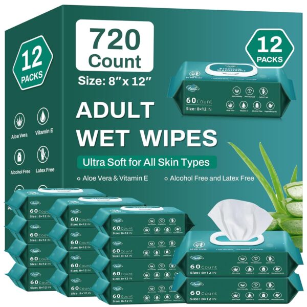 [720 Count, 12 Packs of 60] Wet Wipes for Adults, 12" x 8" Large Disposable Washcloths for Incontinence & Cleansing, Body Wipes Bath Wipes - Disposable Washcloths for Elderly