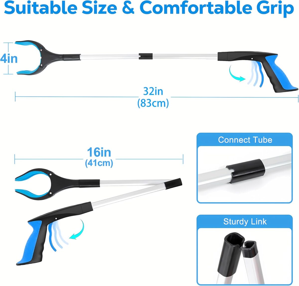 Grabber Reacher Tool - 32” Extra Long Foldable Gripper and Reaching Tool - Heavy Duty Pick Up Stick Grabbers for Seniors, Trash, Surgery Recovery Must Haves Gifts (Blue) - Image 3