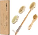 Dry Brushing Body Brush - Natural Boar Bristle Body Brush Set with Face Brush, Wooden Long Handle Scrub Body Brush for Cellulite Treatment, Lymphatic Drainage, Detachable, 3 Brush Heads