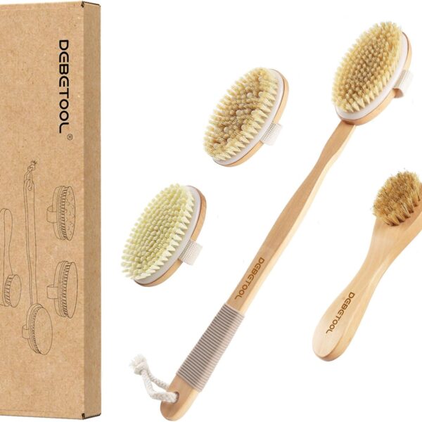 Dry Brushing Body Brush - Natural Boar Bristle Body Brush Set with Face Brush, Wooden Long Handle Scrub Body Brush for Cellulite Treatment, Lymphatic Drainage, Detachable, 3 Brush Heads