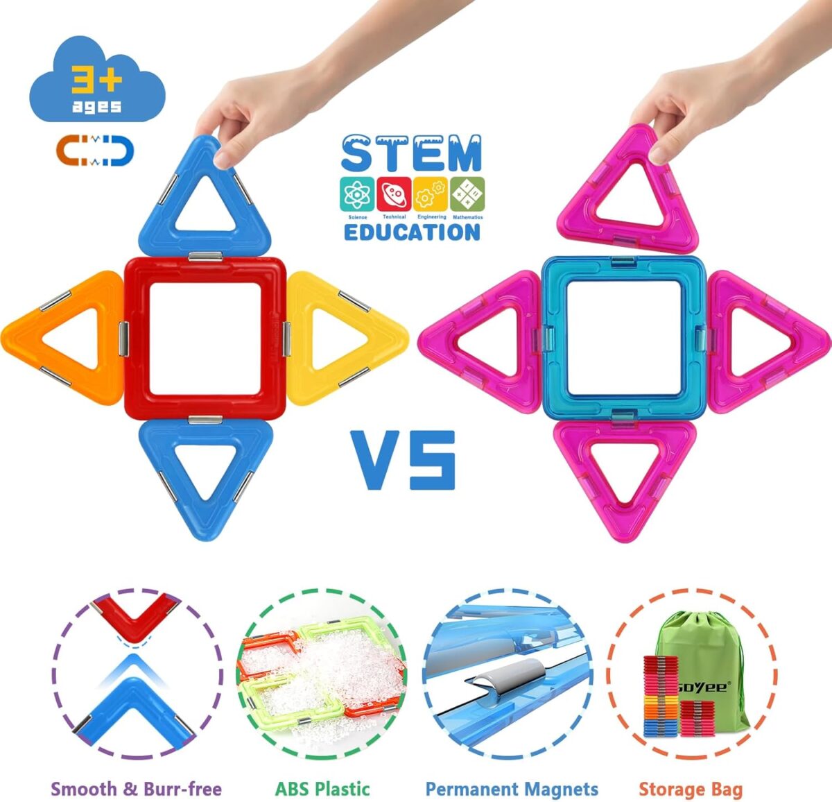 Coodoo Upgraded Magnetic Blocks Tough Tiles STEM Toys for 3+ Year Old Boys and Girls Learning by Playing Games for Toddlers Kids, Compatible with Major Brands Building Blocks - Starter Set - Image 4