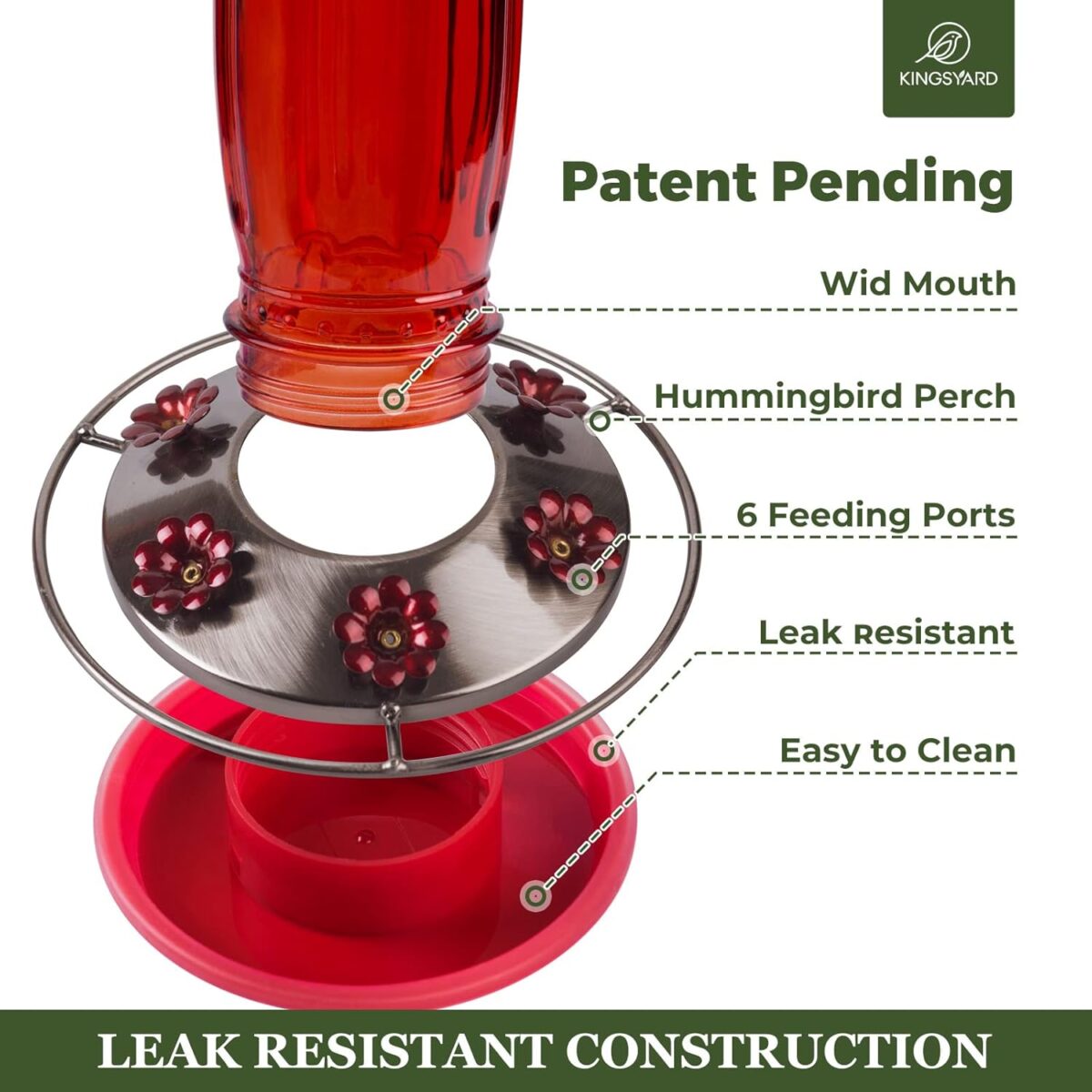 Kingsyard Glass Hummingbird Feeder for Outdoors Wild Bird Feeder with 6 Feeding Ports Hanging for Garden Yard, Red (Ant Moat Included) - Image 4