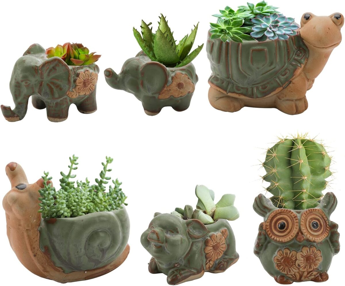 Okllen 6 Pack Mini Animal Ceramic Succulent Planter Set, Cute Elephant, Turtle, Owl, Snail, Succulent Pots with Drainage Hole, Ideal for Bonsai, Indoor, Outdoor - Image 1
