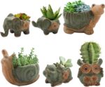 Okllen 6 Pack Mini Animal Ceramic Succulent Planter Set, Cute Elephant, Turtle, Owl, Snail, Succulent Pots with Drainage Hole, Ideal for Bonsai, Indoor, Outdoor