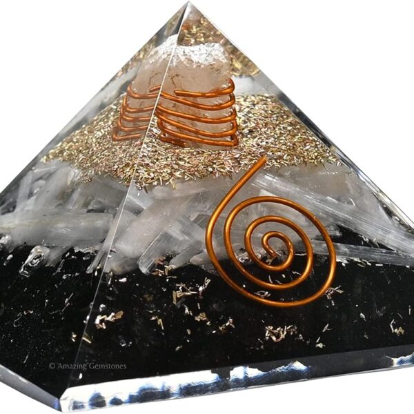 Orgone Pyramid with Black Tourmaline Selenite Crystal and Healing Coil Quartz Point - Natural Healing Stones Orgonite Energy Generator for Yoga Meditation