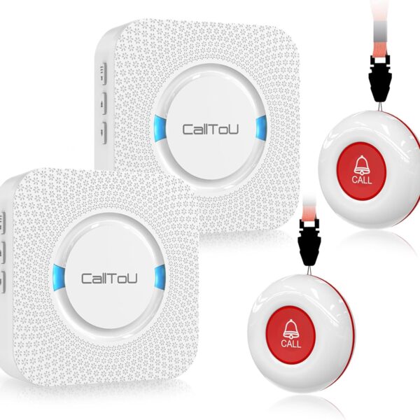 CallToU Wireless Caregiver Pager Smart Call System 2 SOS Call Buttons/Transmitters 2 Receivers Nurse Calling Alert Patient Help System for Home/Personal Attention Pager 500+Feet Plugin Receiver