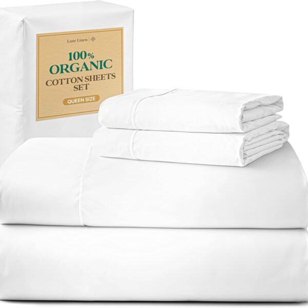 LANE LINEN Eco Friendly 100% Organic Cotton Queen Sheet Set, Soft & Comfy Fully Elasticized 15" Deep Pocket Bed Sheets, Low Pill Naturally Cooling Machine Wash Sábanas Queen- White Bed Sheets