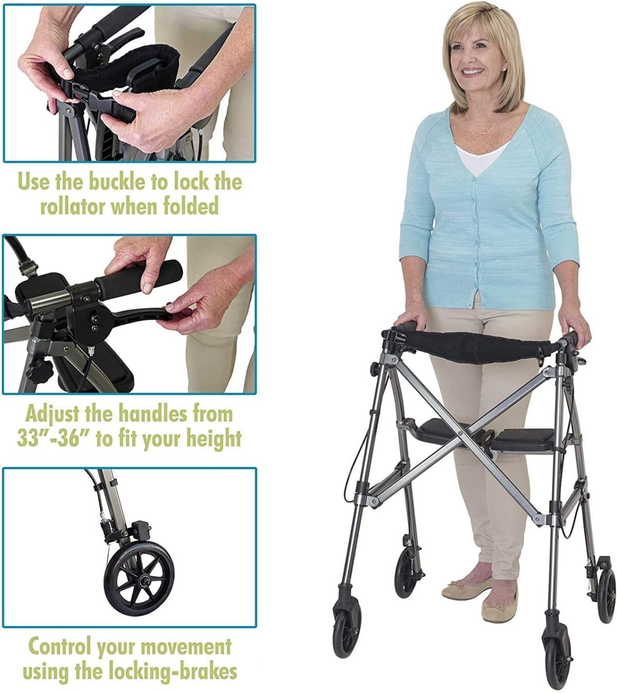 Stander Wonder Rollator, Lightweight Folding Space Saver Mobility Rolling Walker for Seniors and Adults, 6-inch Wheels, Locking Brakes, and Padded Seat with Backrest, Regal Rose - Image 7