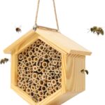 Mason Bee House Native Bee Hive Hexagon Bee House Natural Handmade Wooden Mason Bee Box Habitat Home Hotel with Bamboo Tubes -Attracts Peaceful Bee Pollinators to Enhance Your Garden's Productivity