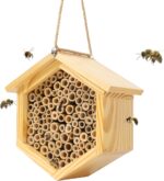 Mason Bee House Native Bee Hive Hexagon Bee House Natural Handmade Wooden Mason Bee Box Habitat Home Hotel with Bamboo Tubes -Attracts Peaceful Bee Pollinators to Enhance Your Garden's Productivity