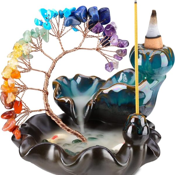 Backflow Incense Burner Ceramic Incense Waterfall 7 Chakras Crystal Tree Incense Holder Namaste Yoga Meditation and Home Decor