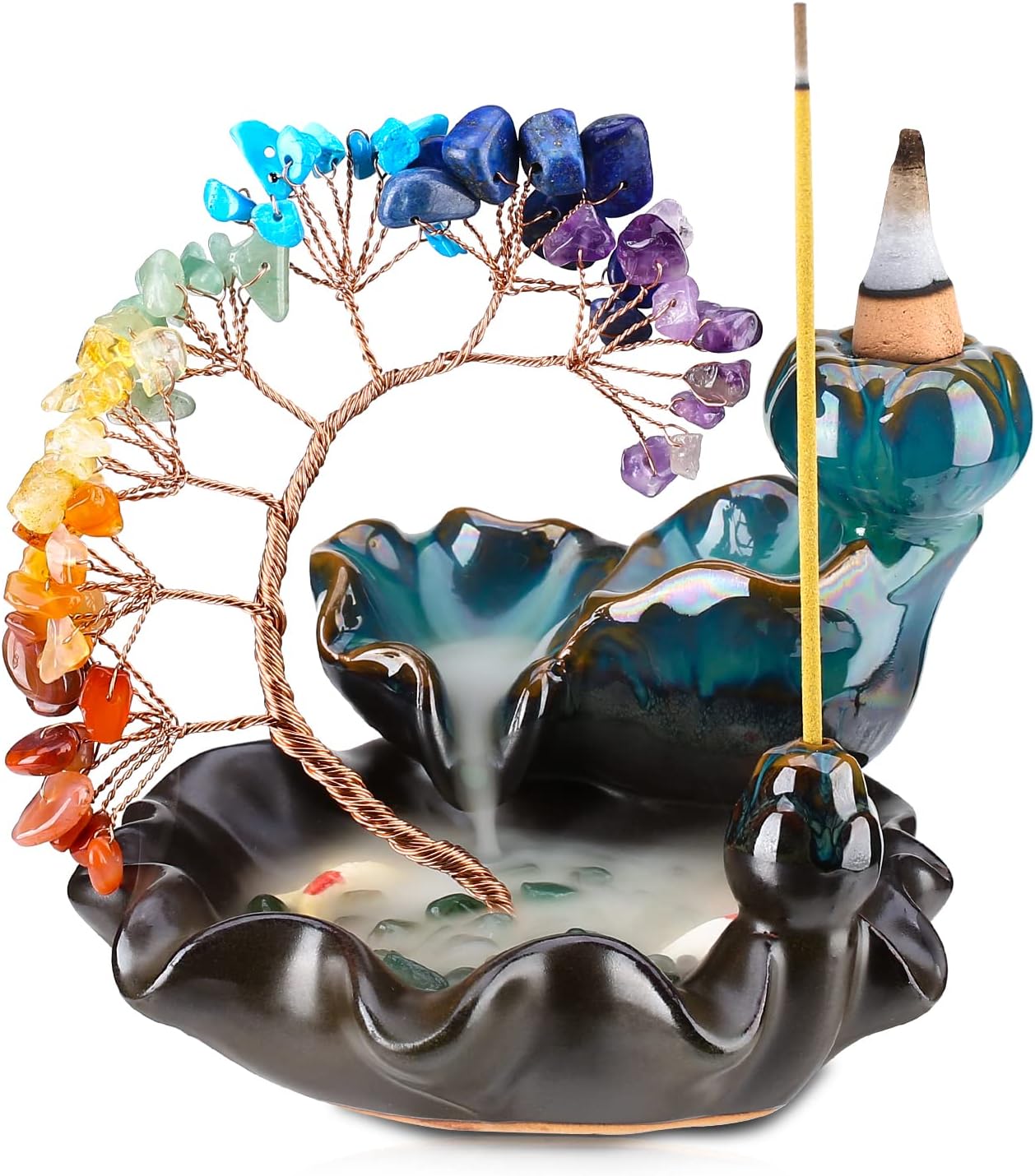 71NK7k7eqbL._AC_SL1500_.jpg Backflow Incense Burner Ceramic Incense Waterfall 7 Chakras Crystal Tree Incense Holder Namaste Yoga Meditation and Home Decor - Image 1