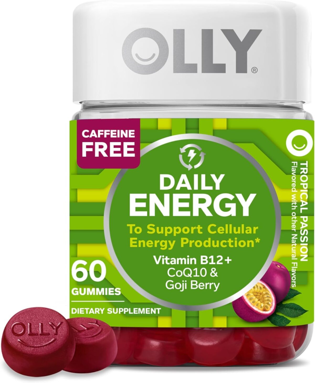 OLLY Daily Energy Gummy, Caffeine Free, Vitamin B12, CoQ10, Goji Berry, Adult Chewable Supplement, Tropical Flavor - 60 Count - Image 1