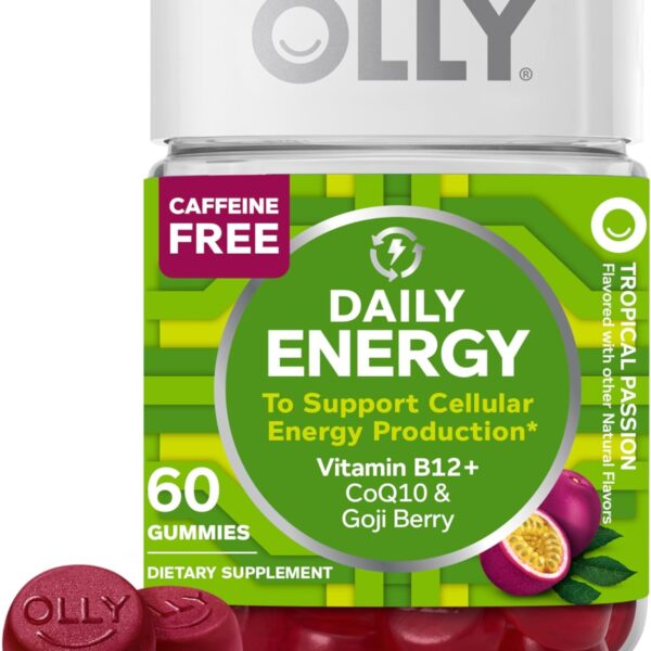 OLLY Daily Energy Gummy, Caffeine Free, Vitamin B12, CoQ10, Goji Berry, Adult Chewable Supplement, Tropical Flavor - 60 Count