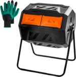 Hourleey Compost Bin Outdoor, 43 Gallon Dual Chamber Tumbling Composting Bin with Sliding Doors, Tumbler Rotating Batch Composter Bin for Garden Kitchen Yard