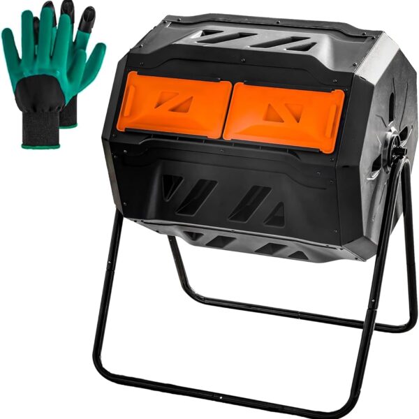 Hourleey Compost Bin Outdoor, 43 Gallon Dual Chamber Tumbling Composting Bin with Sliding Doors, Tumbler Rotating Batch Composter Bin for Garden Kitchen Yard