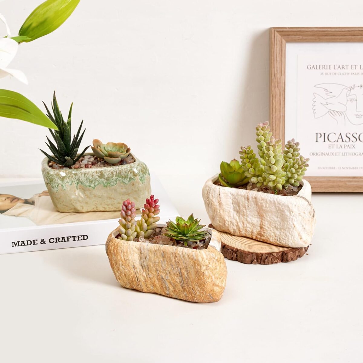 T4U 5.5 Inch Ceramic Succulent Pot Planter with Drainage Hole Set of 3, Stone Shape Rectangle Window Box Cactus Plant Containers Gift for Mom Sister Best for Home Office Table Desk Decoration - Image 7